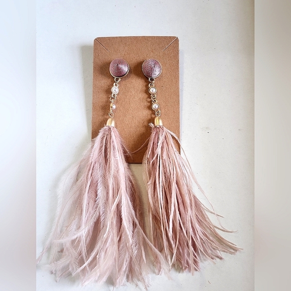 Boho + Hippie Women's Blush Pink Drop Pearls Feather Stud Earrings - Picture 1 of 13